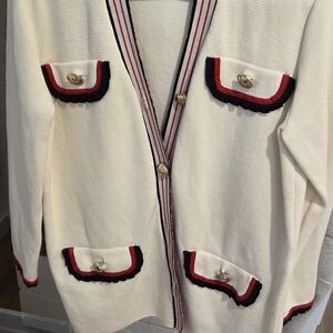 Maje Cream Cardigan with Red and Black Trim, Gold Buttons. Size 1